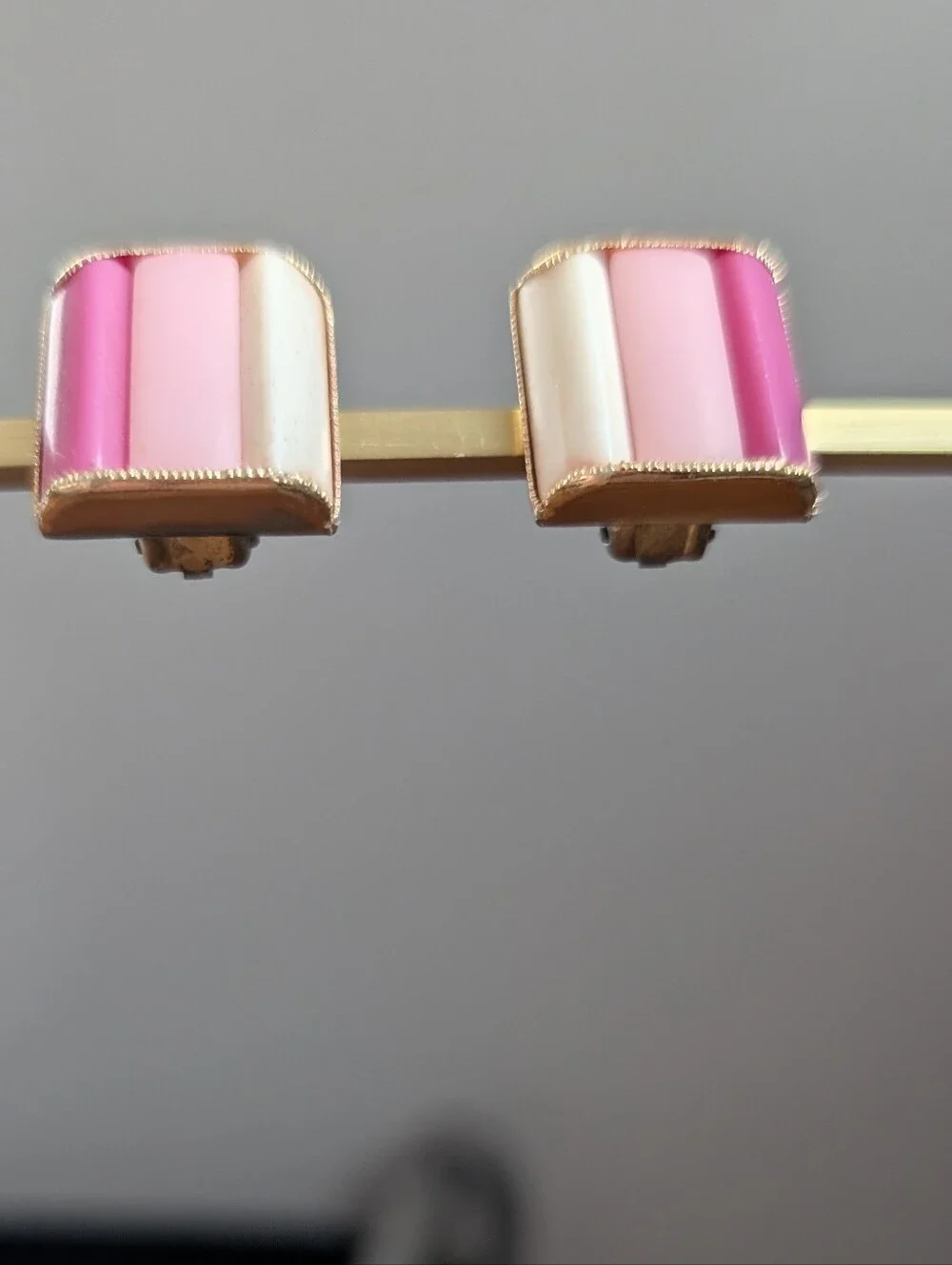 Vintage Pink Stripe Gold Clip on Earrings Signed Germany